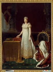 Porträtt av imponen Marie Louise av Österrike (Marie-Louise) (1791-1847), hustru till Napoleon I, representerade kejsardömets regente och klädd i en Chaumet-diamantset donerad av Napoleon 1812 - Bakom henne, en fåtölj i empirestil dekorerad Napoleons "N"