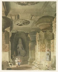 Interiör av Indra Subbas grotttemplet i Ellora, från Volym II av Indiens landskap, kostymer och arkitektur, tecknad av David Roberts (1796-1864) etsad av Thomas Kearnan (fl.1821-50) och graverad