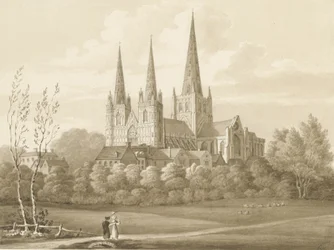 Lichfield Cathedral - West South West View: sepiateckning