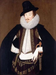 Porträtt av Sir Charles Cornwallis, i en pälsklippt svart mantel, vit dubbel och brun, guldbroderad väst,