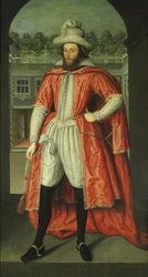 Porträtt av William Pope, 1:e earl av Downe 1573-1631 som riddare av badet, ca. 1610