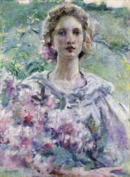 Kvinna med blommor. Målning av Robert Reid (1862-1929). Olja på duk. Privat samling.
