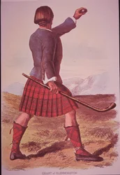 Clansman of Grant of Glenmoriston spelar shinty (färg litho)