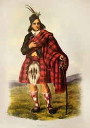 En Fraser-krigare från den skotska klanen i kilt - Robert Ronald McIans litografi från "The Clans of The Scottish Highlands"" 1845