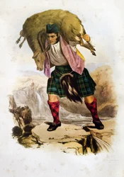 En skotsk klankrigare, Mac Rae, bär ett får på sina axlar - Robert Ronald McIans litografi från "The Clans of The Scottish Highlands"" 1845