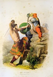 Den skotske krigaren Mac Millan kämpar i kilt och barfota med svärd - Robert Ronald McIans litografi från "The Clans of The Scottish Highlands" 1845