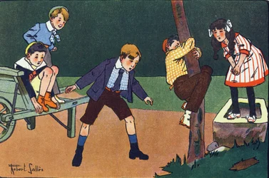 En kattabborre. Gravering i "" Vad spelar vi? ”” av E. Weber med akvarellteckningar av Robert Salles (1871-1929). Librairie Garnier Freres, Paris