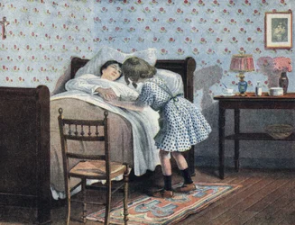 En liten flicka vid sängen av sin sjuka mamma väntar på hennes krig. Illustration av Robert Salles (1871-1929) i "" Je sais Lire"".