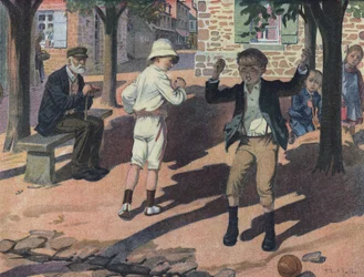 En ung pojke blir arg under ett spel med sina kamrater (dålig spelare). Illustration av Robert Salles (1871-1929) i "" Je sais Lire"".