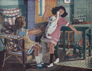 Annettes lilla katt: en vit katt klor i ansiktet på en liten flicka som leker med sin vän. Illustration av Robert Salles (1871-1929) i "" Je sais Lire"".