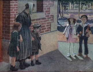 Välgörenhet: en mamma och hennes två barn ber om alumone från en ung pojke och en ung flicka på gatan som kommer att ge dem deras besparingar och leksaker. Illustration av Robert Salles (1871-1929) i "" Je sais Lire"".