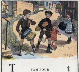 Barnbok "" Jag kommer att läsa - Metodiskt och roligt alfabet av en pappa""" 1926. Illustration av Robert Salles (1871-1929). Abecedary: bokstaven T som trumma.