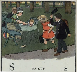 Barnbok "" Jag kommer att läsa - Metodiskt och roligt alfabet av en pappa""" 1926. Illustration av Robert Salles (1871-1929). Abecedary: bokstaven S som Salut. En pojke hälsar på ett par och deras bebis genom att lyfta på mössan.