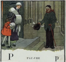 Barnbok "" Jag kommer att läsa - Metodiskt och roligt alfabet av en pappa""" 1926. Illustration av Robert Salles (1871-1929). Abecedaire: bokstaven P som Dålig. En tiggare gör hylsan utanför kyrkan.