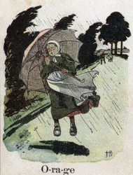 Barnbok "" Jag kommer att läsa - Metodiskt och roligt alfabet av en pappa""" 1926. Illustration av Robert Salles (1871-1929). "" Storm"": en kvinna i regnskydden med sitt paraply.
