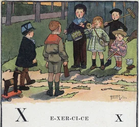 Barnbok «Jag ska läsa - Metodiskt och roligt alfabet av en pappa», 1926. Illustration av Robert Salles (1871-1929). ABC-bok: bokstaven X som övning. Barn leker soldater.