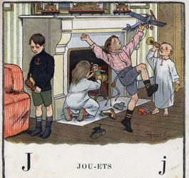 Barnbok "" Jag kommer att läsa - Metodiskt och roligt alfabet av en pappa""" 1926. Illustration av Robert Salles (1871-1929). Abecedaire: bokstaven J som leksaker. Barn har fått leksaker i skorna och har roligt med dem. Ett av barnen fick ingen present i h
