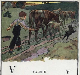Barnbok "" Jag kommer att läsa - Metodiskt och roligt alfabet av en pappa""" 1926. Illustration av Robert Salles (1871-1929). Abecedary: bokstav V som ko. En pojke hjälper en hund, driver ut en flock kor på en åker.