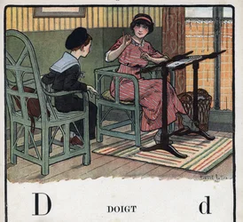 Barnbok "" Jag kommer att läsa - Metodiskt och roligt alfabet av en pappa""" 1926. Illustration av Robert Salles (1871-1929). Abecedary: bokstaven D som finger. En mamma förklarar broderiet för sin son.