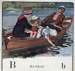 Barnbok "" Jag kommer att läsa - Metodiskt och roligt alfabet av en pappa""" 1926. Illustration av Robert Salles (1871-1929). Abecedaire: bokstaven B som båt. En familj i en båt tar en promenad.