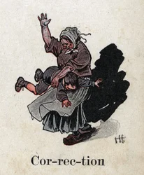 Barnbok "" Jag kommer att läsa - Metodiskt och roligt alfabet av en pappa""" 1926. Illustration av Robert Salles (1871-1929). "Korrektion"". Straff: en mamma sprider sitt barn för att straffa honom