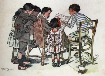 Barnbok "" Jag kommer att läsa - Metodiskt och roligt alfabet av en pappa""" 1926. Illustration av Robert Salles (1871-1929). En familjefar lär barn att läsa.