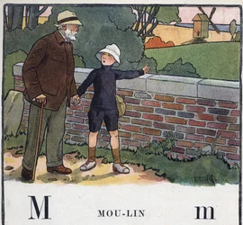 Barnbok "" Jag kommer att läsa - Metodiskt och roligt alfabet av en pappa""" 1926. Illustration av Robert Salles (1871-1929). Abecedaire: bokstaven M som Moulin. En pojke går med sin farfar. Han pekar på en väderkvarn.