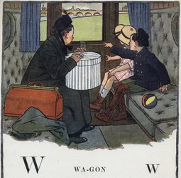 Barnbok "" Jag kommer att läsa - Metodiskt och roligt alfabet av en pappa""" 1926. Illustration av Robert Salles (1871-1929). Abecedaire: bokstaven W som Wagon. Två barn med sin mamma reser i en tågkupé.