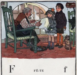 Barnbok "" Jag kommer att läsa - Metodiskt och roligt alfabet av en pappa""" 1926. Illustration av Robert Salles (1871-1929). Abecedaire: bokstaven F som Fete. En flicka och en pojke erbjuder presenter till sin farfars fest.