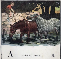 Barnbok "" Jag kommer att läsa - Metodiskt och roligt alfabet av en pappa""" 1926. Illustration av Robert Salles (1871-1929). Abecedary: bokstav A som dricksvatten. Två hästar dricker vatten.