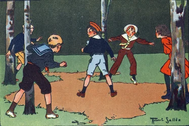 Fyra hörn. Gravering i "" Vad spelar vi? ”” av E. Weber med akvarellteckningar av Robert Salles (1871-1929). Librairie Garnier Freres, Paris