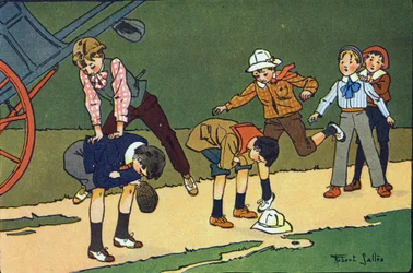 Hoppa får. Gravering i "" Vad spelar vi? ”” av E. Weber med akvarellteckningar av Robert Salles (1871-1929). Librairie Garnier Freres, Paris