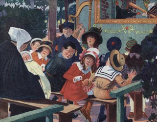 Dockteater: Barn i guignol-teatern blir förvirrade av en gråtande bebis. Illustration av Robert Salles (1871-1929) i "" Je sais Lire"".