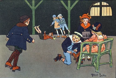Rullskridskoåkning. Gravering i "" Vad spelar vi? ”” av E. Weber med akvarellteckningar av Robert Salles (1871-1929). Librairie Garnier Freres, Paris