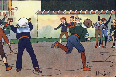 Bollen på lägret (eller fångbollen eller jägarbollen). Gravering i "" Vad spelar vi? ”” av E. Weber med akvarellteckningar av Robert Salles (1871-1929). Librairie Garnier Freres, Paris