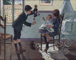 Lillebrors utbildning: i ett rum tittar en bebis som sitter i sin storasysters knä på dockan som hans bror vaknar. Illustration av Robert Salles (1871-1929) i "" Je sais Lire"".