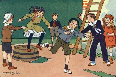 Mamman med sylt. Gravering i "" Vad spelar vi? ”” av E. Weber med akvarellteckningar av Robert Salles (1871-1929). Librairie Garnier Freres, Paris