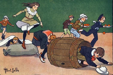 Hinderloppet. Gravering i "" Vad spelar vi? ”” av E. Weber med akvarellteckningar av Robert Salles (1871-1929). Librairie Garnier Freres, Paris
