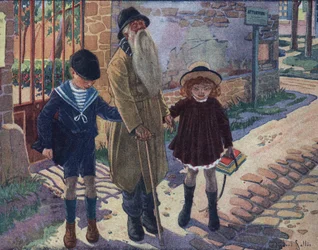 Den blindes pinne: två barn hjälper en blind gubbe att gå. Illustration av Robert Salles (1871-1929) i "" Je sais Lire"".