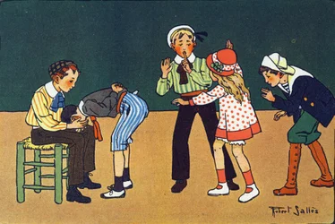 Den varma handen. Gravering i "" Vad spelar vi? ”” av E. Weber med akvarellteckningar av Robert Salles (1871-1929). Librairie Garnier Freres, Paris