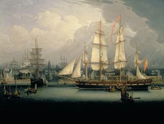 Fyrmastat klipperskepp i Liverpools hamn, cirka 1810