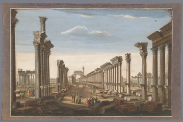 Vy över ruinerna av pelargångsbågen vid Palmyra, sett från västra sidan Resterna av det stora templet i Palmira sett från väster (titel på objektet)