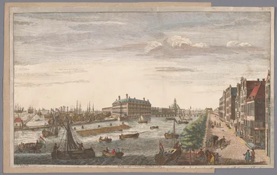 Se över Admiraliteitsmagazijn i Amsterdam En vy av amiralitetet i Amsterdam, av förrådshusen, kajerna och hamnen, som tillhör det, och till Ostindiska kompaniet av Holland (titel på objektet)