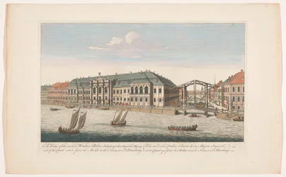 Utsikt över vinterpalatset och kanalen mellan floderna Mojka och Neva i Sankt Petersburg En vy av det antika vinterpalatset som tillhör hennes kejserliga majestät och över kanalen som förenar Moikan med Neva i St. Petersburg (titel på objektet)