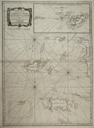Ett allmänt sjökort över öarna Guernsey och Jersey, Sark, Herm, Jethou och Alderney, med Cape la Hague och Caskets