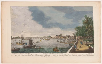 Vy över Westminster Bridge över Themsen i London, sett från trädgården i Somerset House En vy från Somerset Gardens till Westminster Bridge (titel på objekt) London (serietitel)