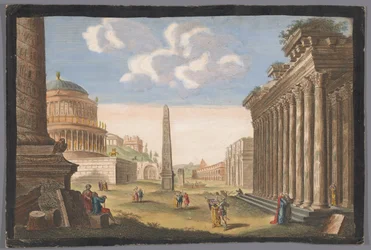 Utsikt över ruinerna av Trajanus kolumn, Konstantinbågen och andra monument i Rom Ruinerna av det antika Rom (titel på objektet)