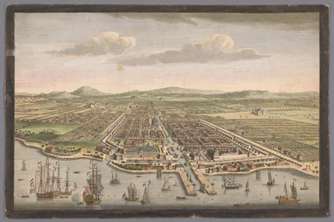 Utsikt över staden Batavia Staden Batavia på ön Java och huvudstad för alla holländska fabriker och bosättningar i Ostindien (titel på objektet) Nederzettingen van de VOC (serietitel)