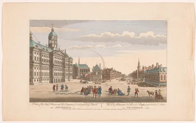 Utsikt över stadshuset i Amsterdam med brandmän på torget Dam En vy av Stadshuset och motorerna för att släcka brand i Amsterdam (titel på objektet) Holland (serietitel)