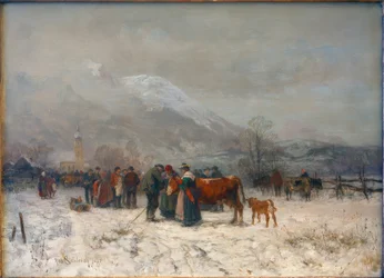 Boskapsmarknad på vintern nära Mittenwald